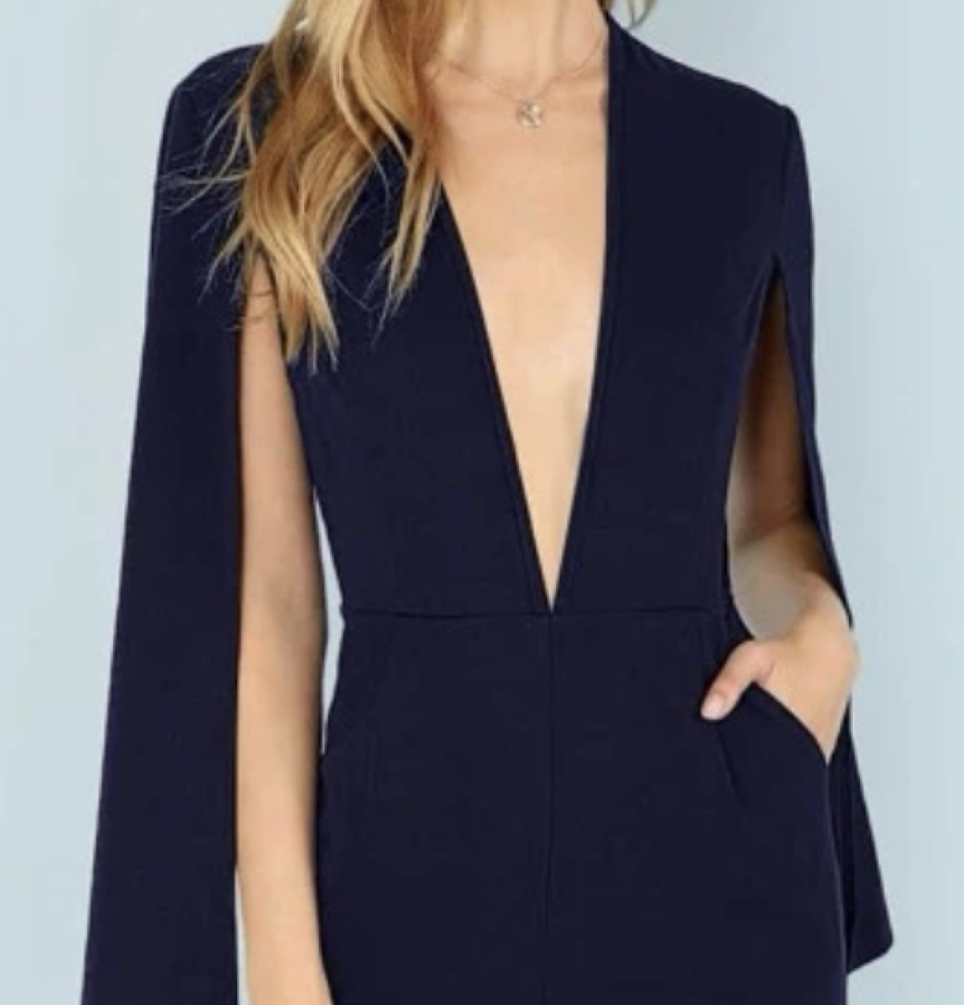Royal blue jumpsuit with plunging neckline thumbnail