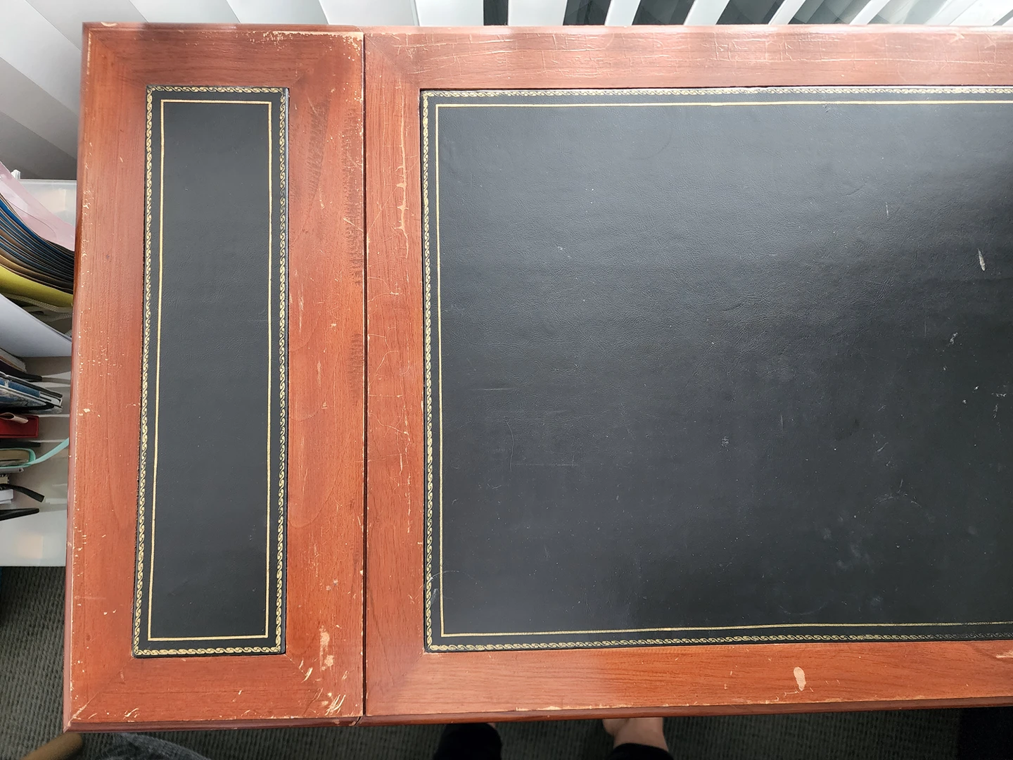 MUST GO Vintage office/writing desk,  expandable, wood & leather image indicator(9)