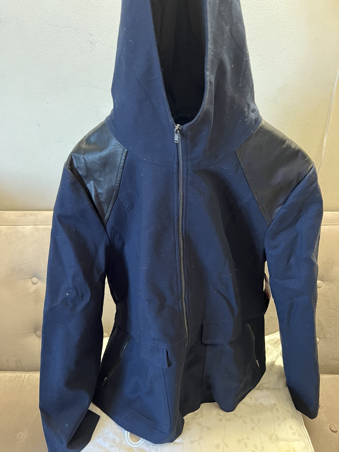 Windbreaker Hoodie Jacket, Faux Leather Shoulders. 16/LG image indicator(2)