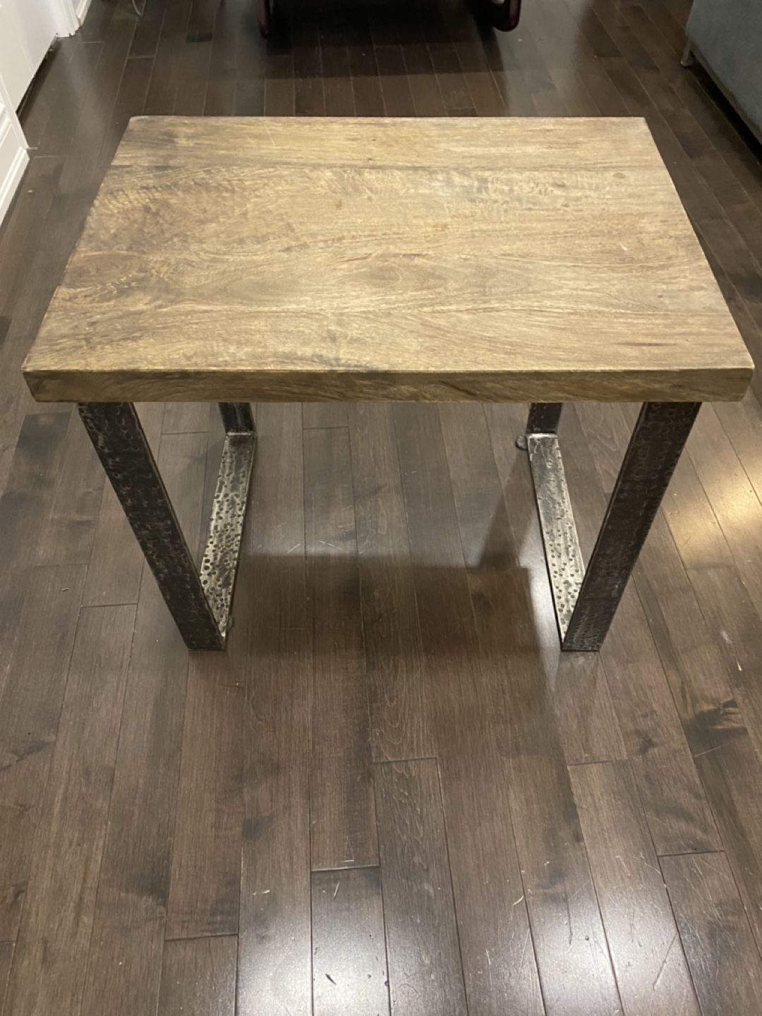Solid Oak MCM Side Table with Wrought Iron Legs