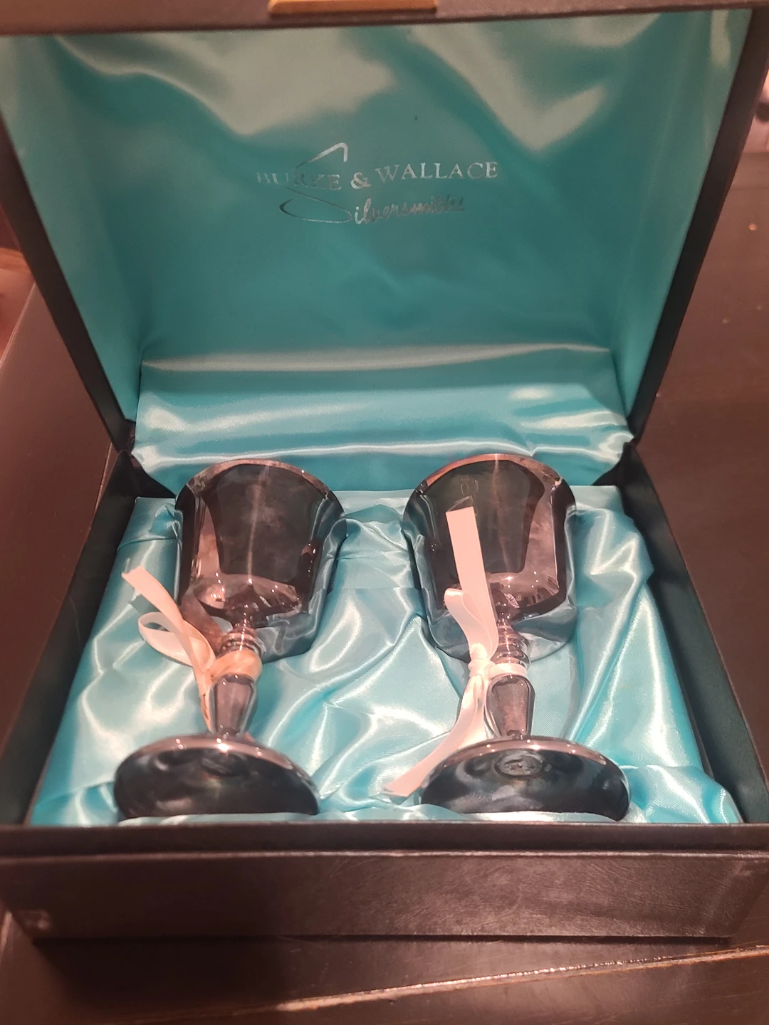 silver wine goblets by BURKE AND WALLACE SILVERSMITHS