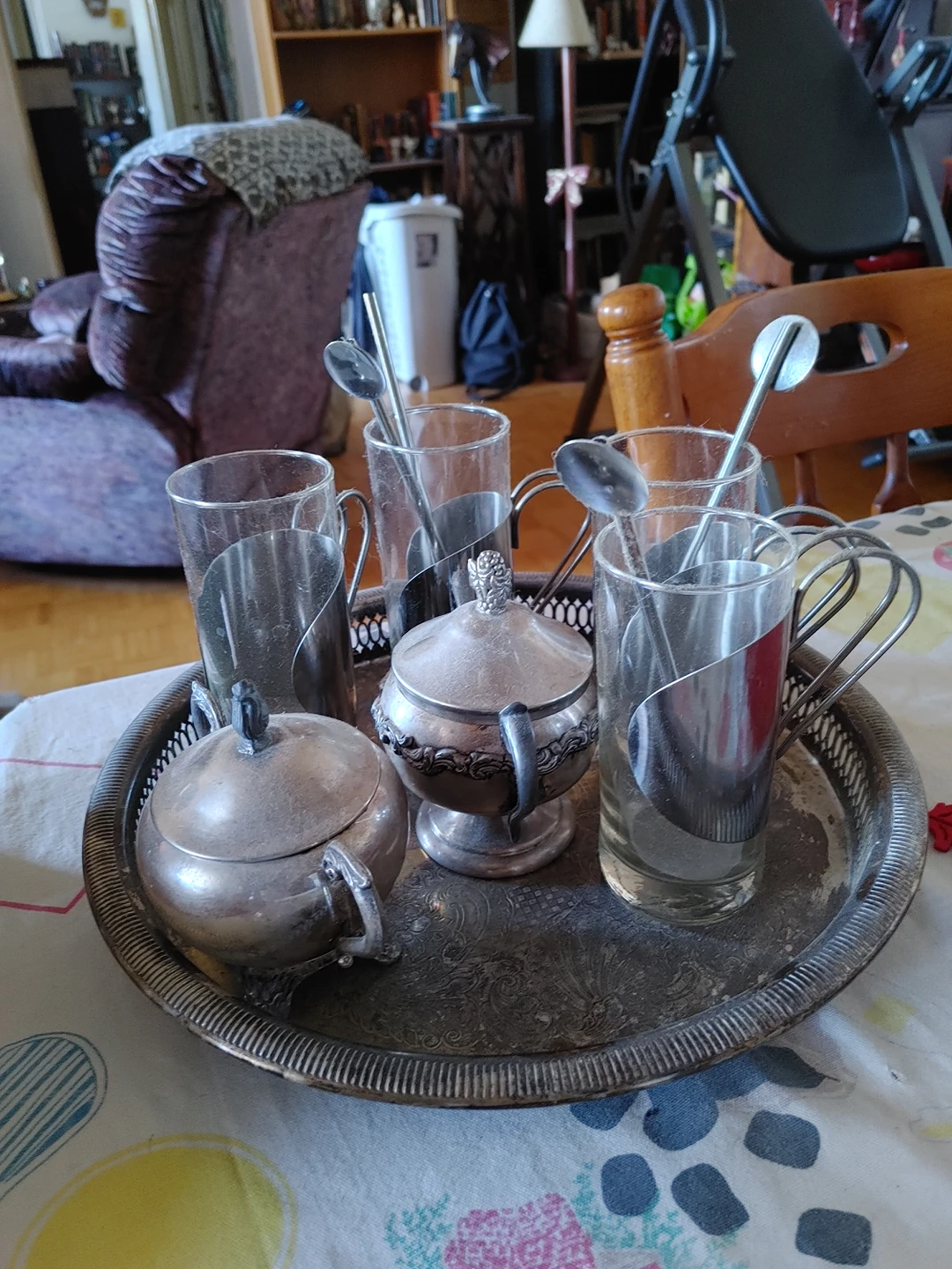 4 piece coffee set with silver plated tray