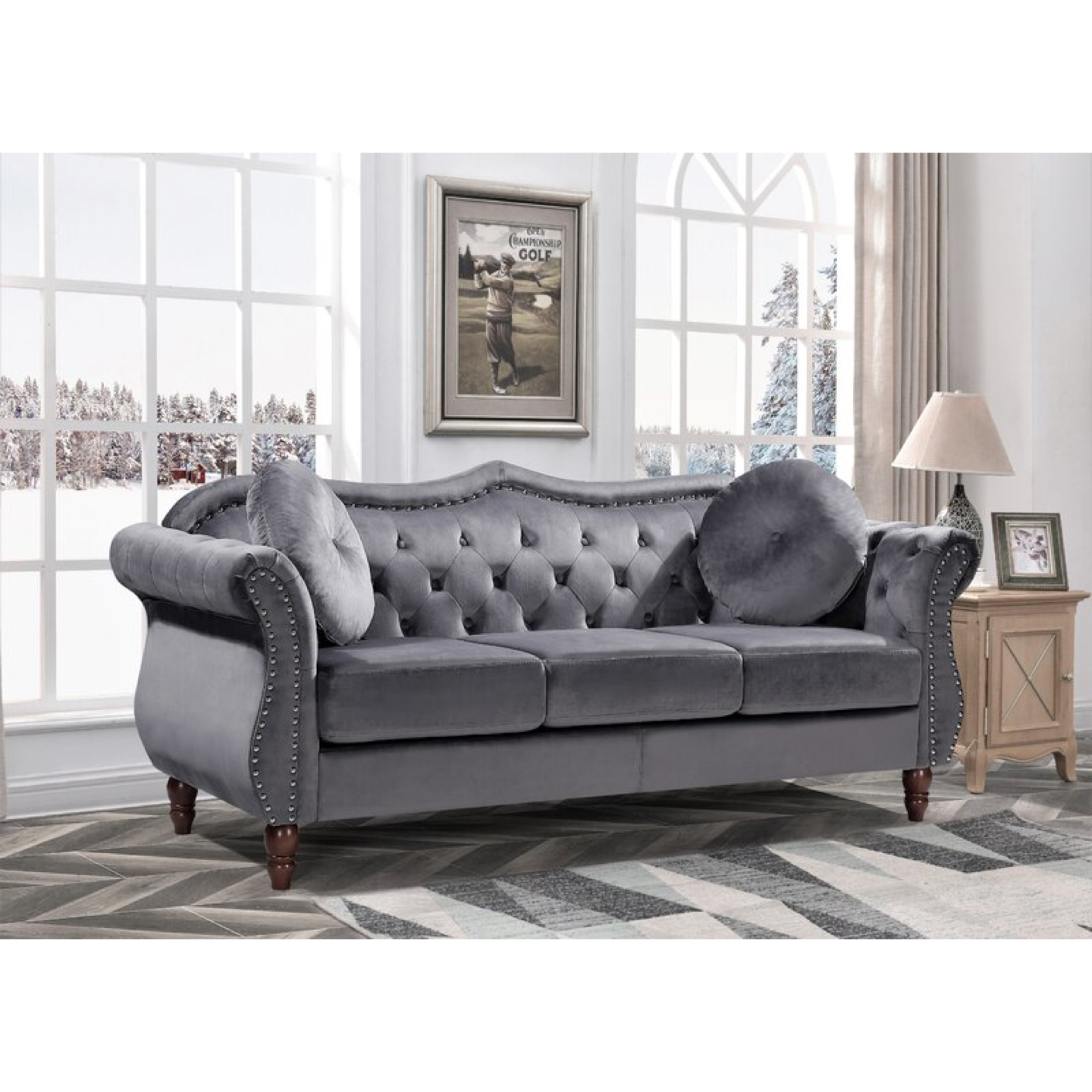 79.5 wide grey velvet tufted sofa, House of Hamptons image indicator(2)