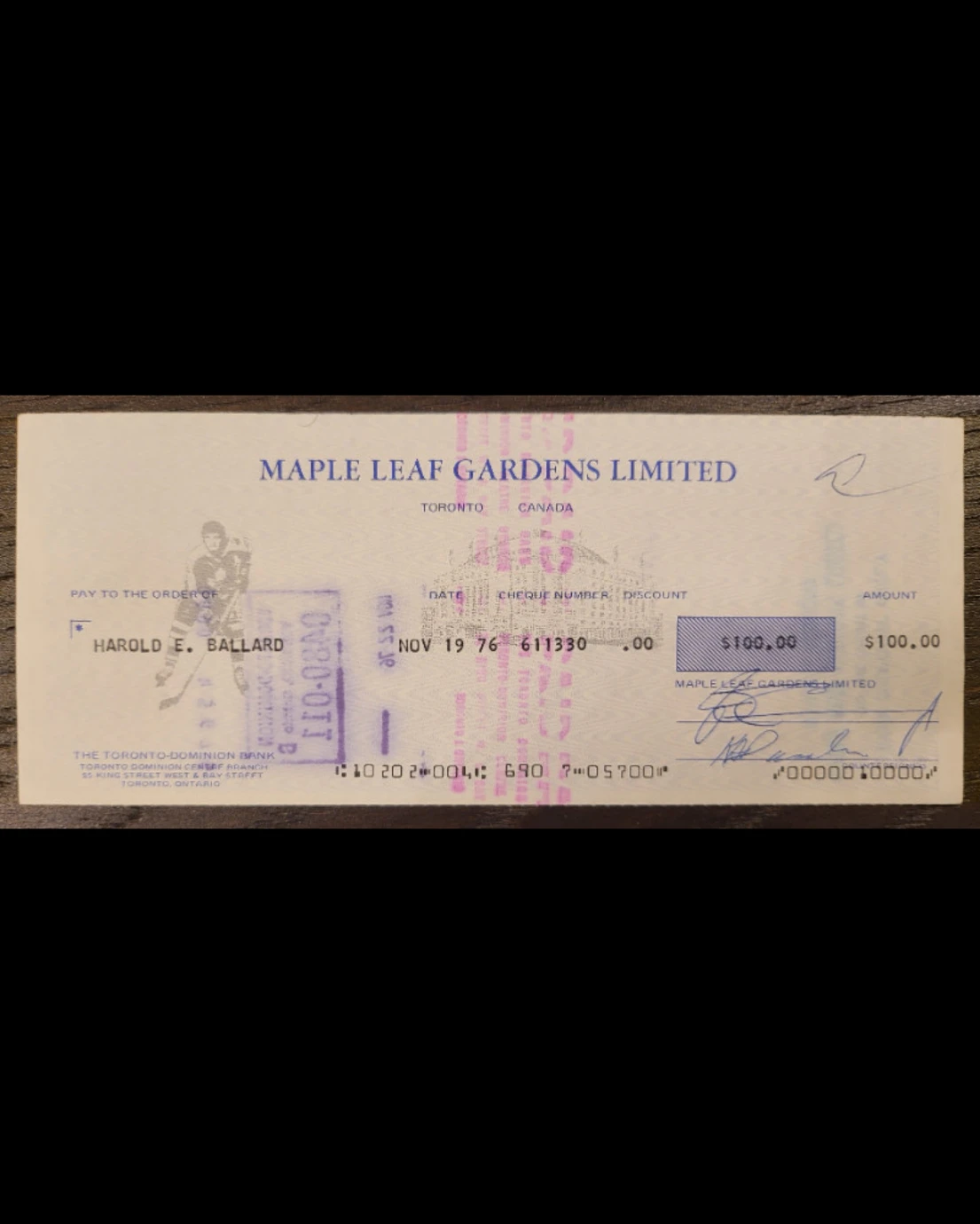 Rare Toronto Maple Leafs Cheque Autographed by Harold Ballard