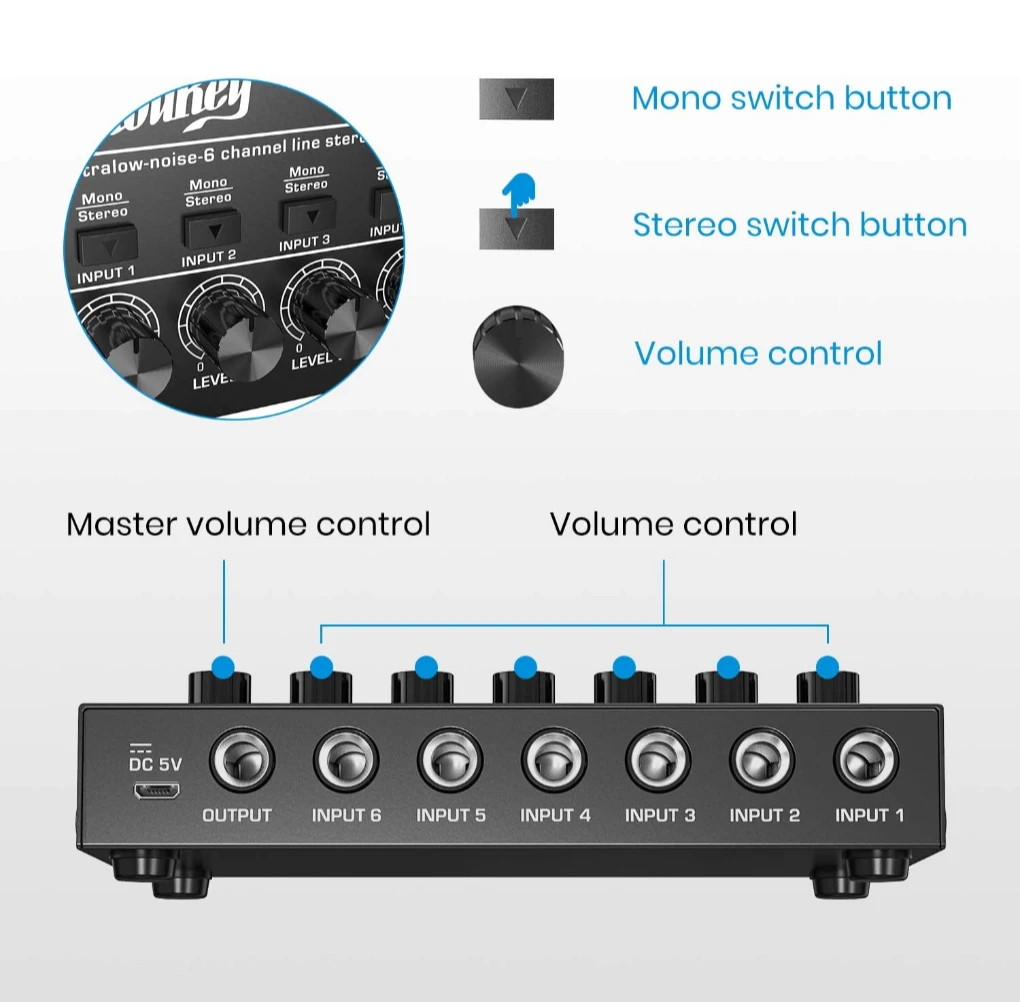 Moukey MAMX2 Ultra Low-Noise 6 Channel Line Stereo Mixer - photo 3