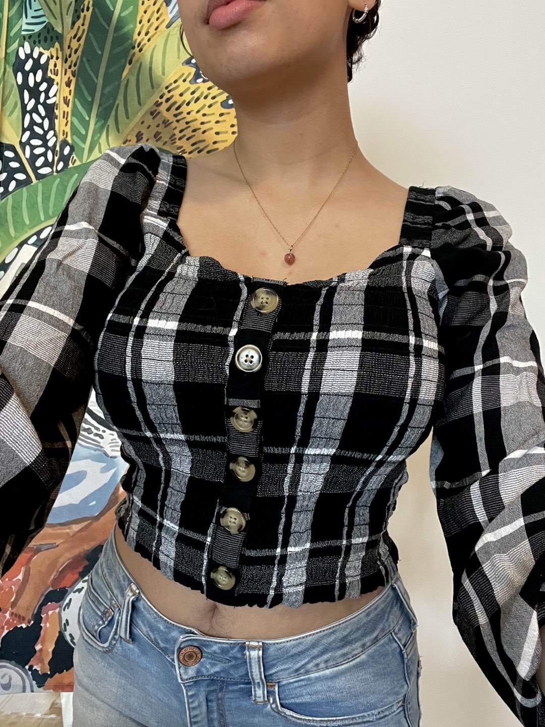 Plaid Puff 3/4 Sleeve Top