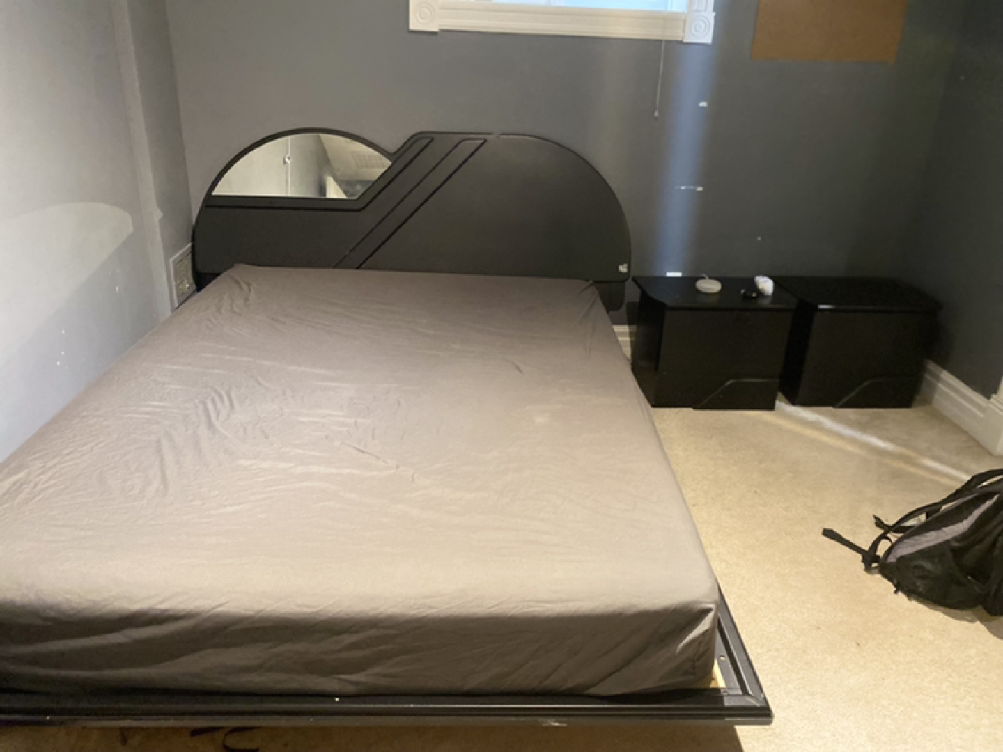 Queen bed frame with 2 night tables black wood