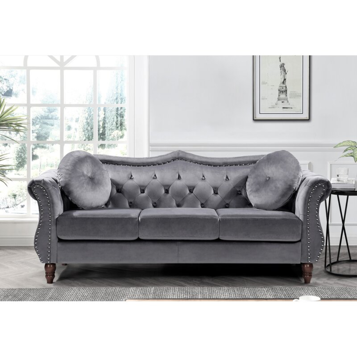 79.5 wide grey velvet tufted sofa, House of Hamptons thumbnail