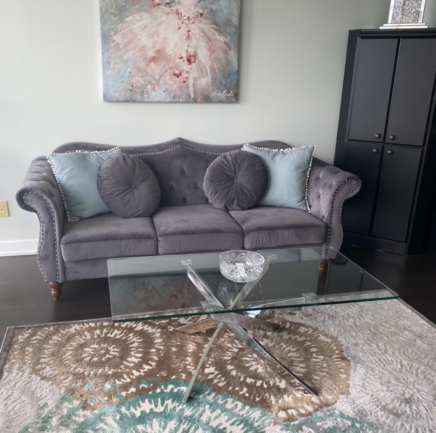 79.5 wide grey velvet tufted sofa, House of Hamptons image indicator(3)