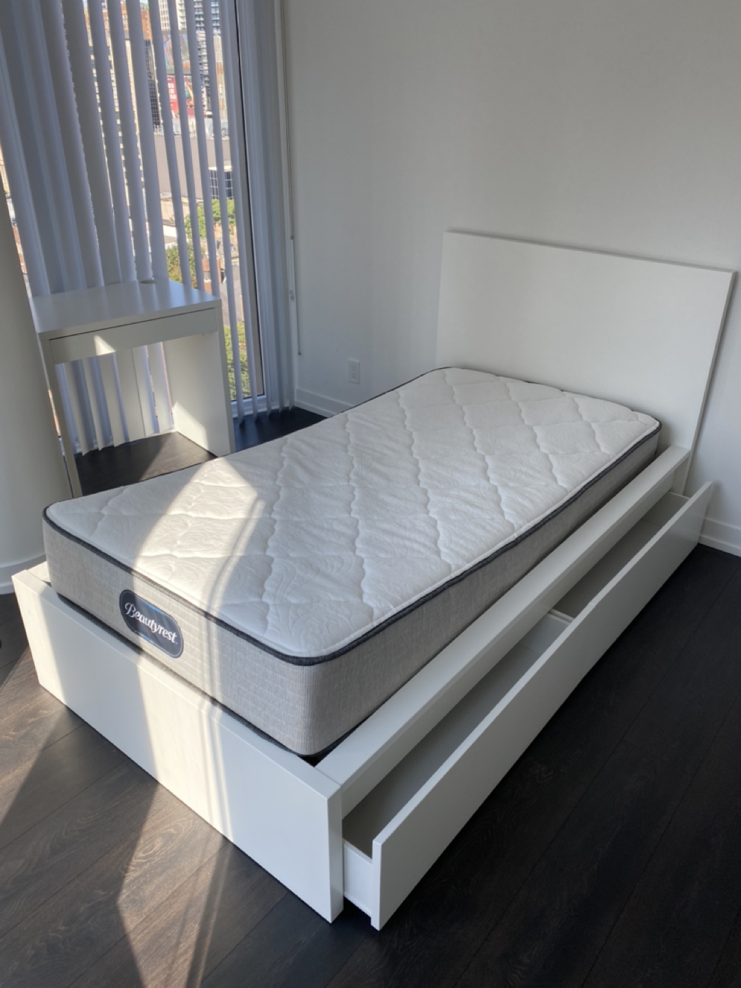 Ikea malm twin bed with 2 storage shelves + Beautyrest mattress thumbnail