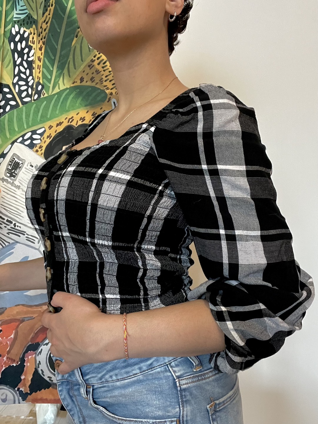 Plaid Puff 3/4 Sleeve Top - photo 3