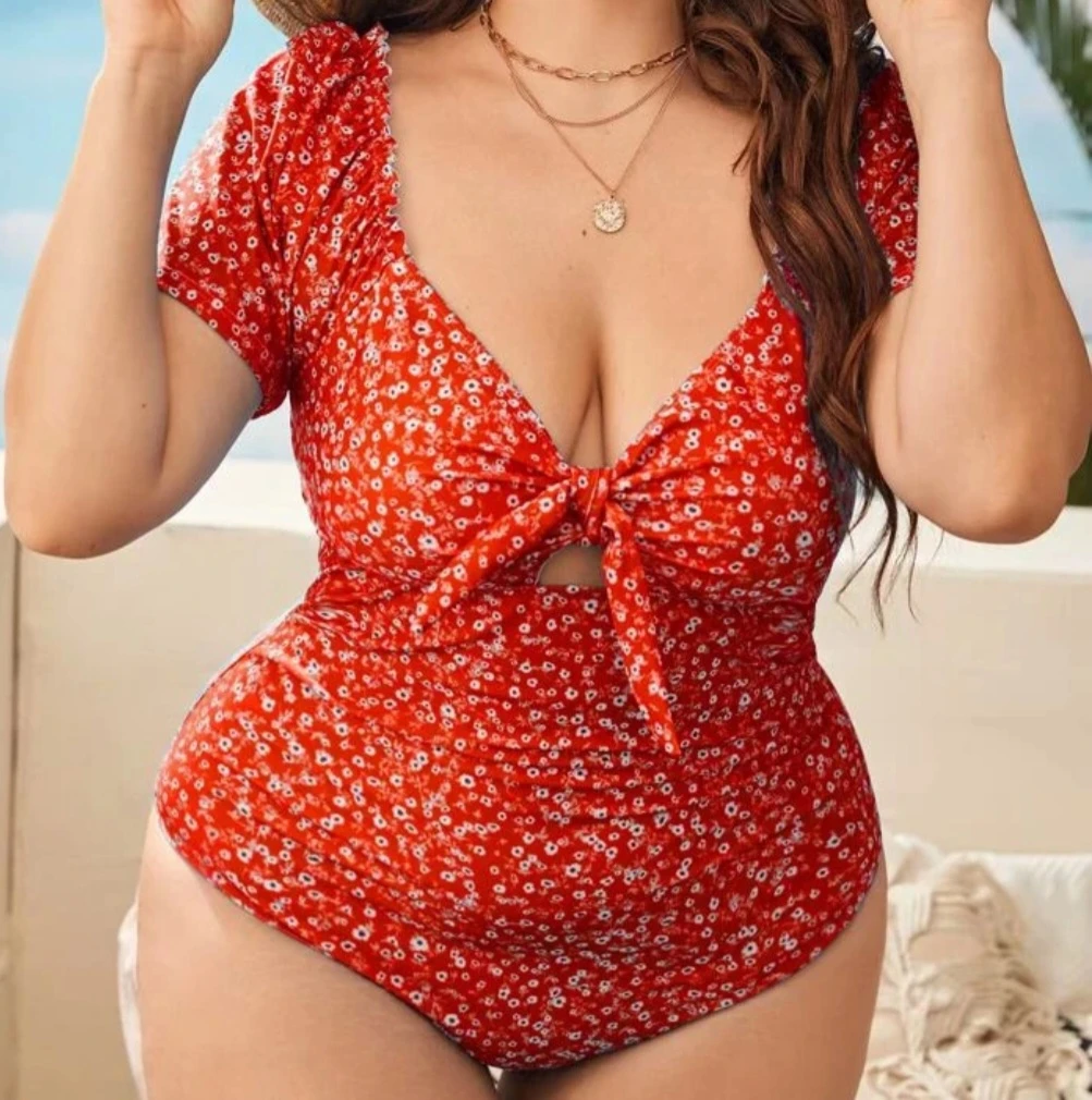 Shein Ditsy Floral Knot Front One Piece Swimsuit Plus Size 4XL image indicator(3)