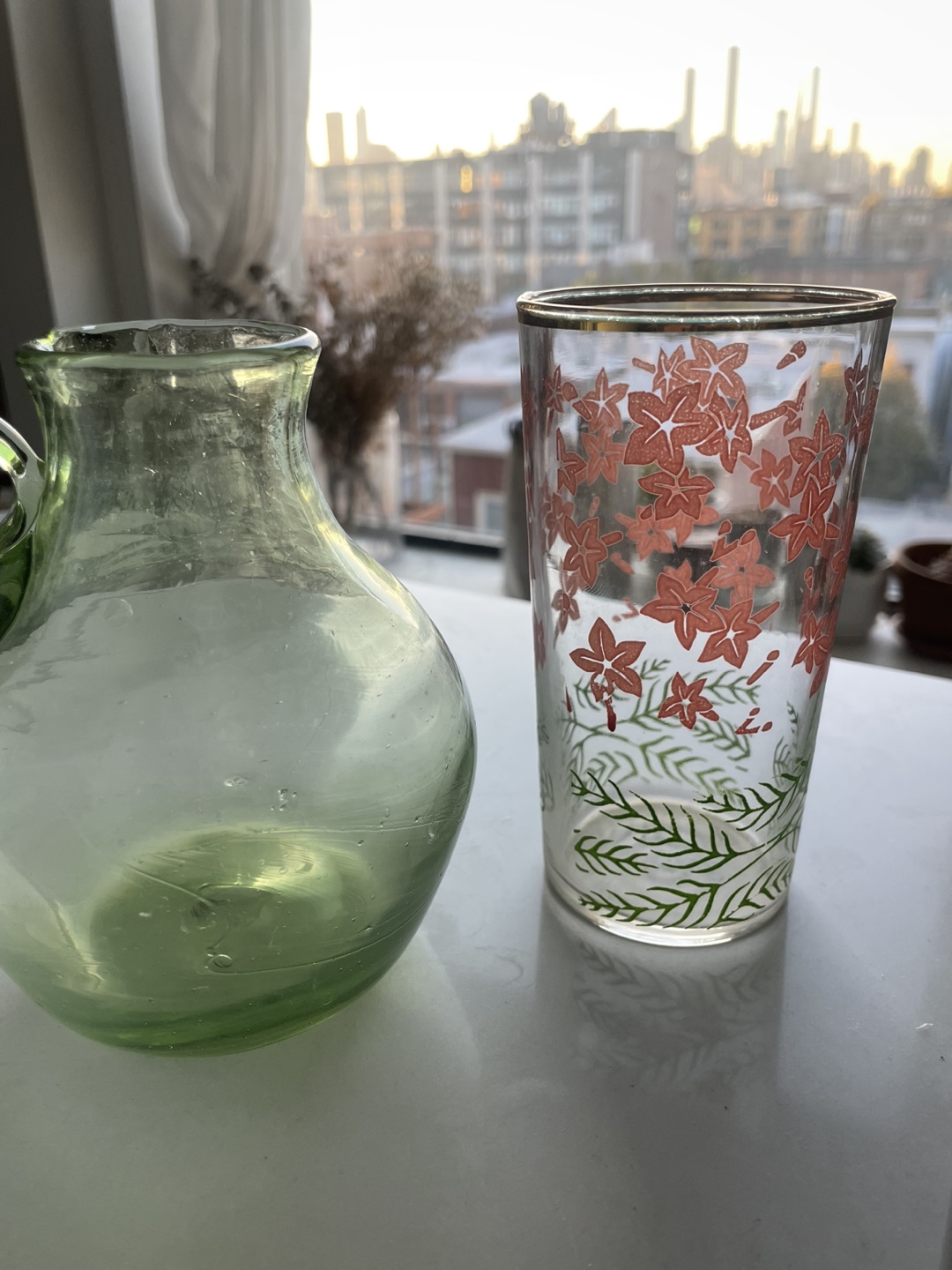 Vintage flower base/ pitcher and a flower glass