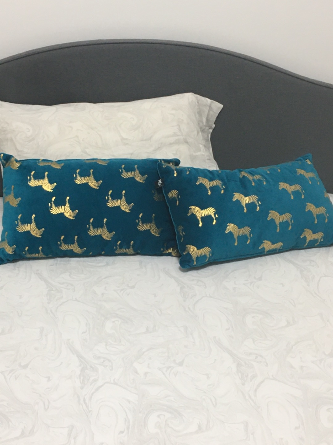 Blue velvet gold zebra lumbar pillows thumbnail