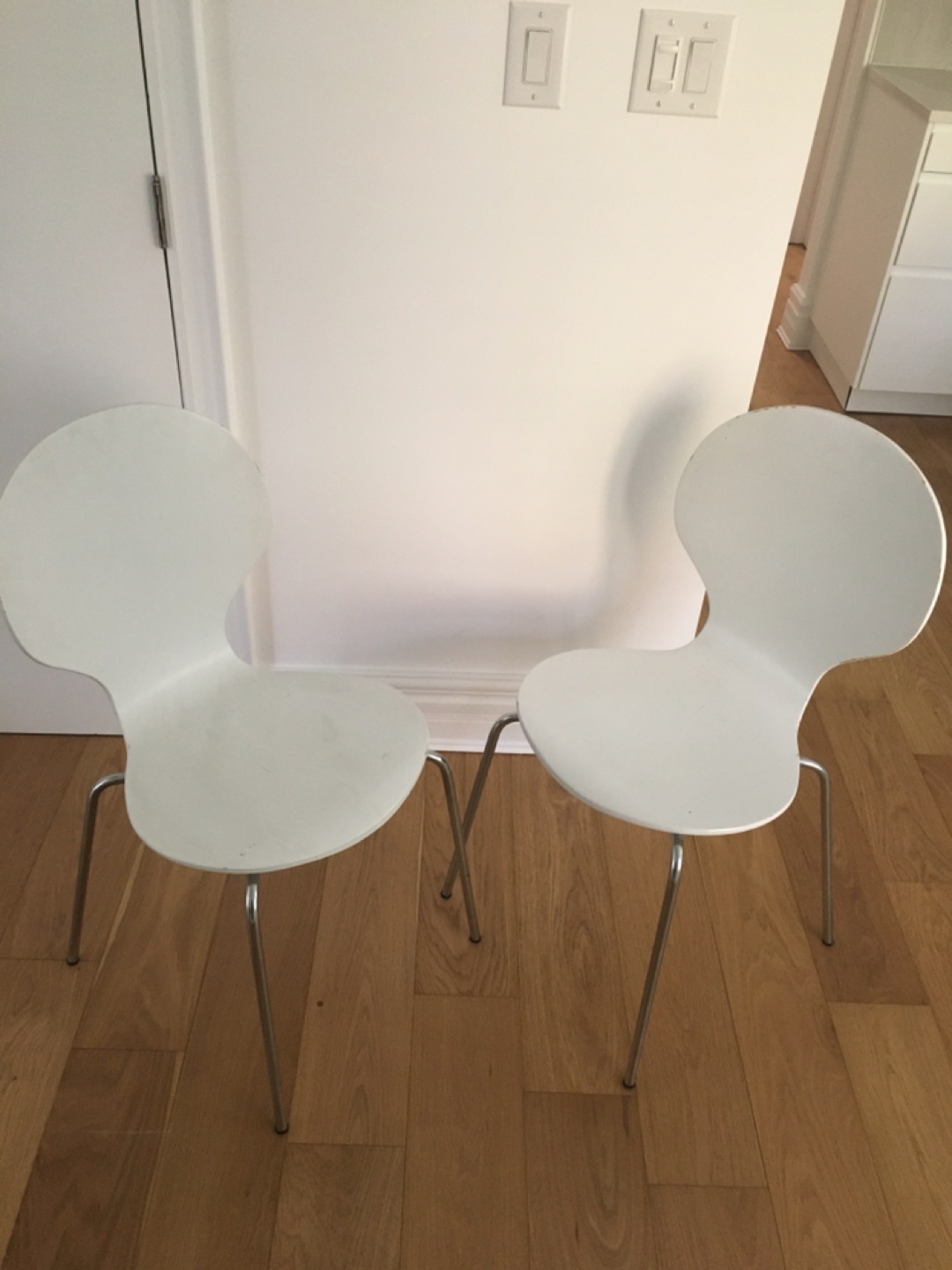 Midcentury modern stylish white wood dining room chairs - pair thumbnail