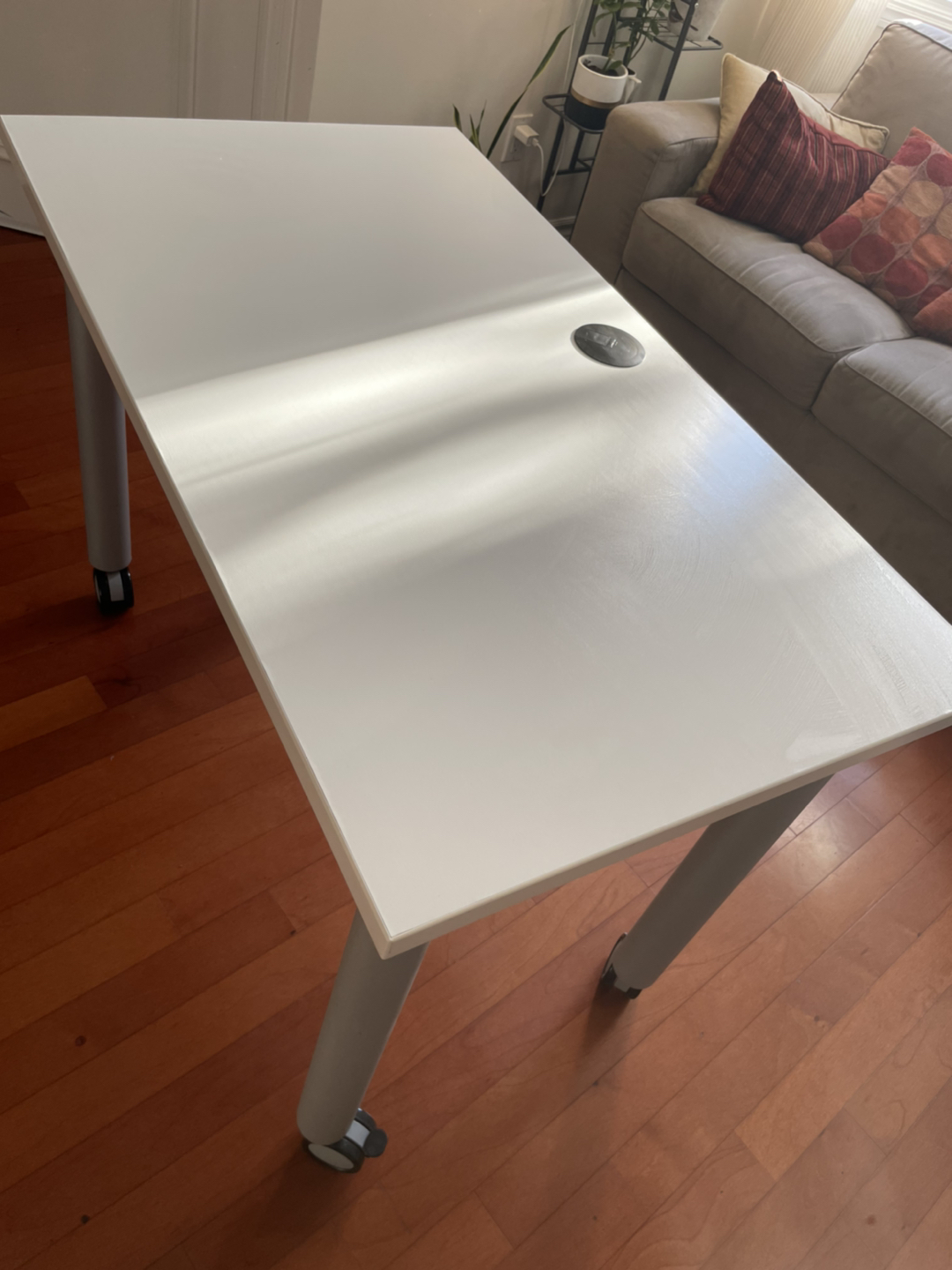 Computer desk. White wood top and metal legs. Locks in place. thumbnail