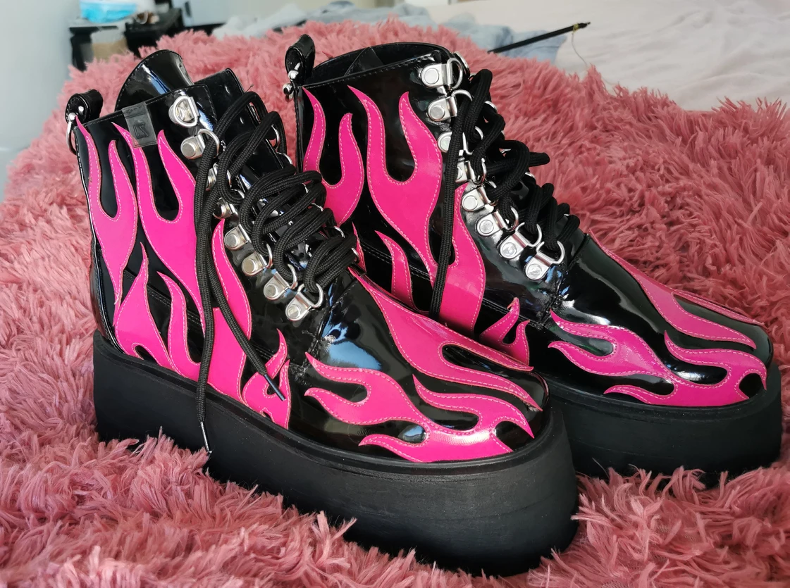 Patent Platform Boots with Pink Flames thumbnail