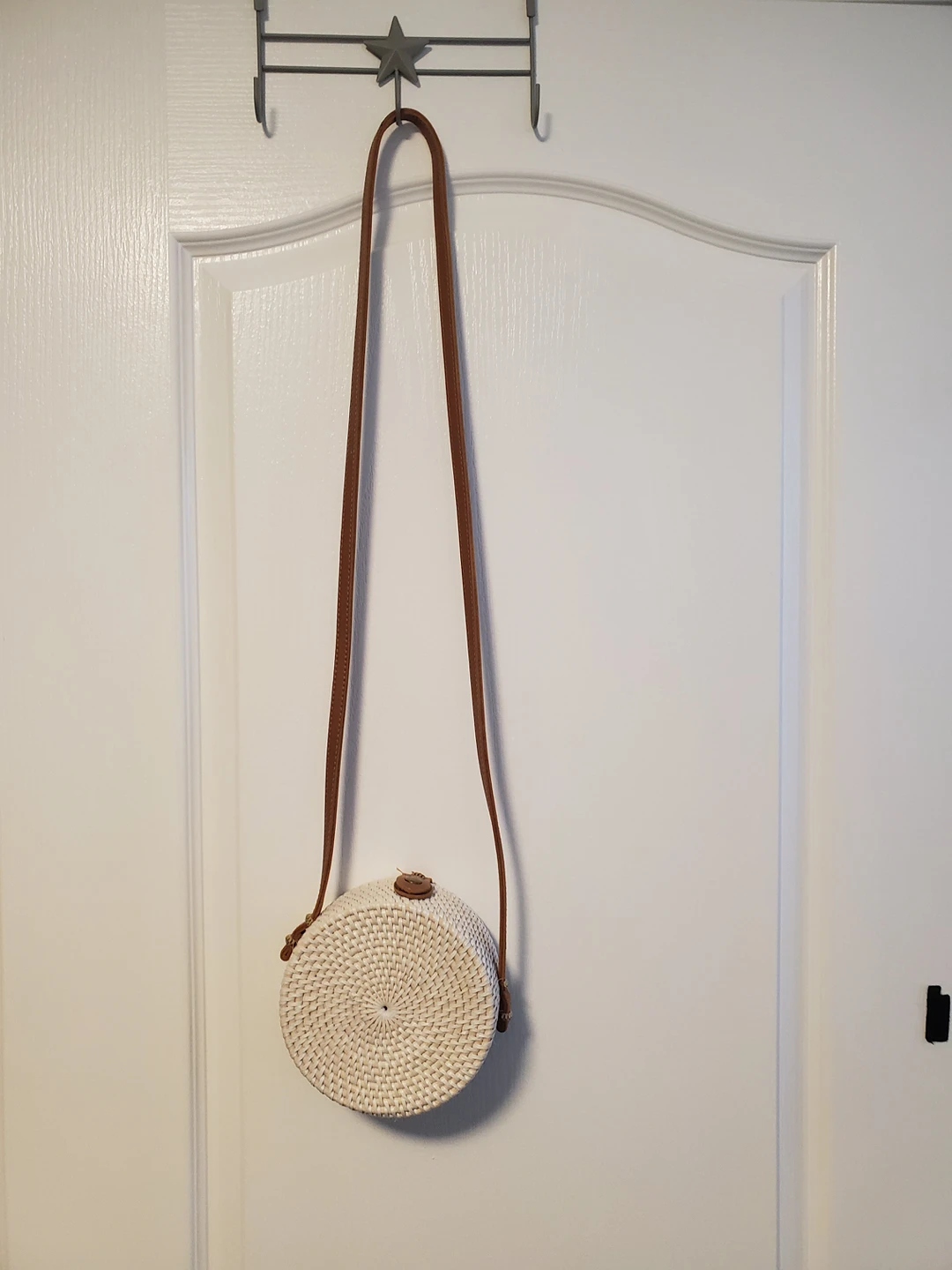 Handwoven Round Rattan Bag Shoulder Leather Straps thumbnail