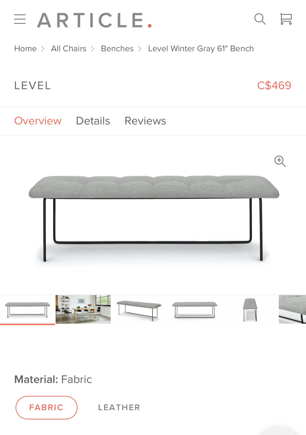 61” Article Bench - Dark Gray - photo 3