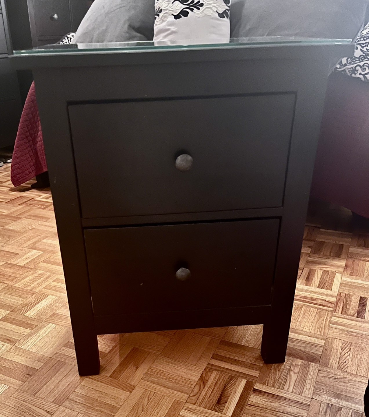 Ikea Hemnes two drawer nightstand with glass top