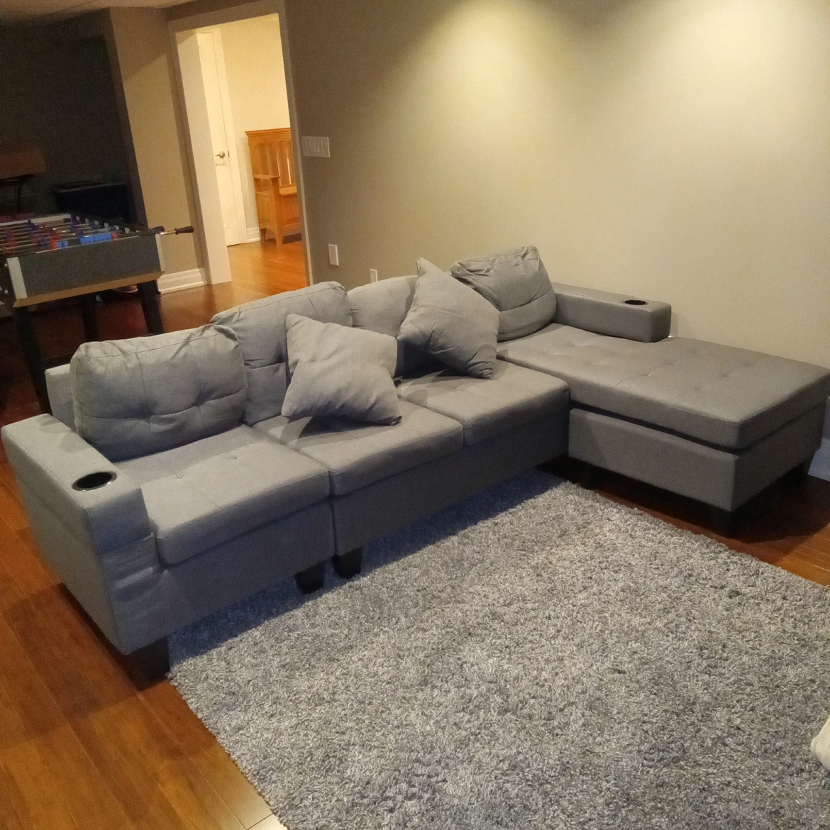 NEW! Grey Sectional with Throw Pillows & Cup Holders