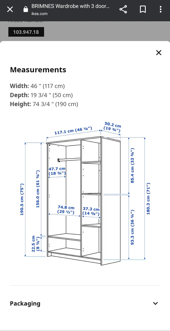 Brimnes - wardrobe with 3 doors, white 117x190x50cm - photo 3