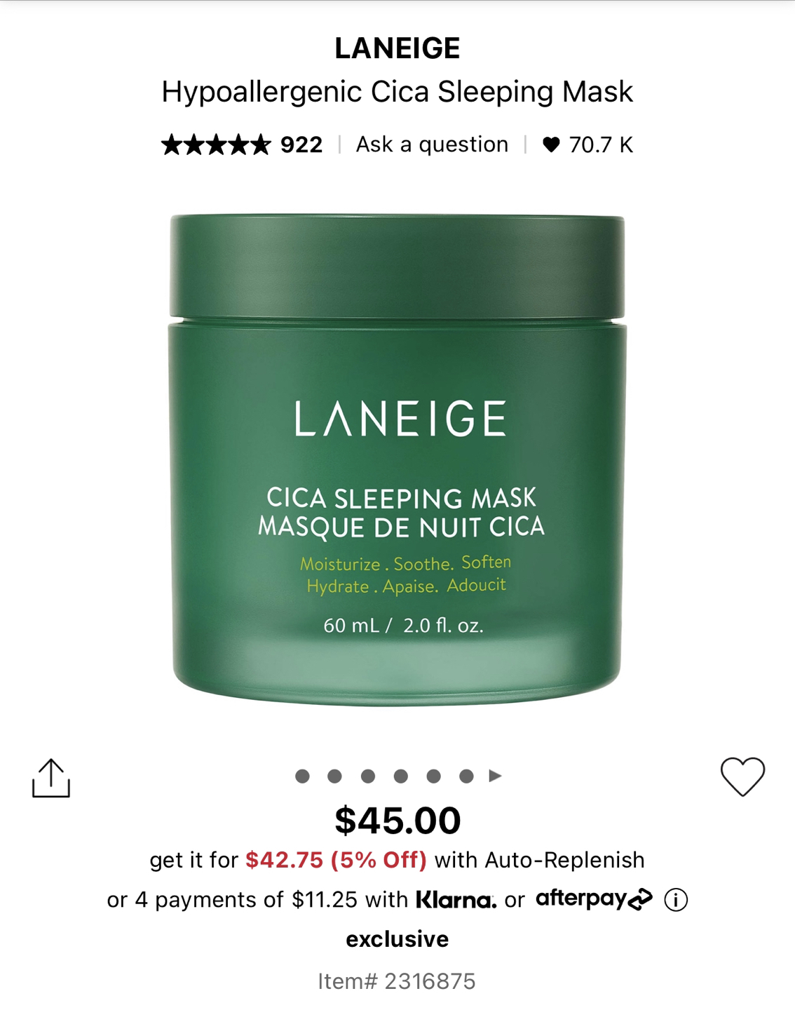 Laniege Cica Sleeping Mask (60mL) - BNIB thumbnail
