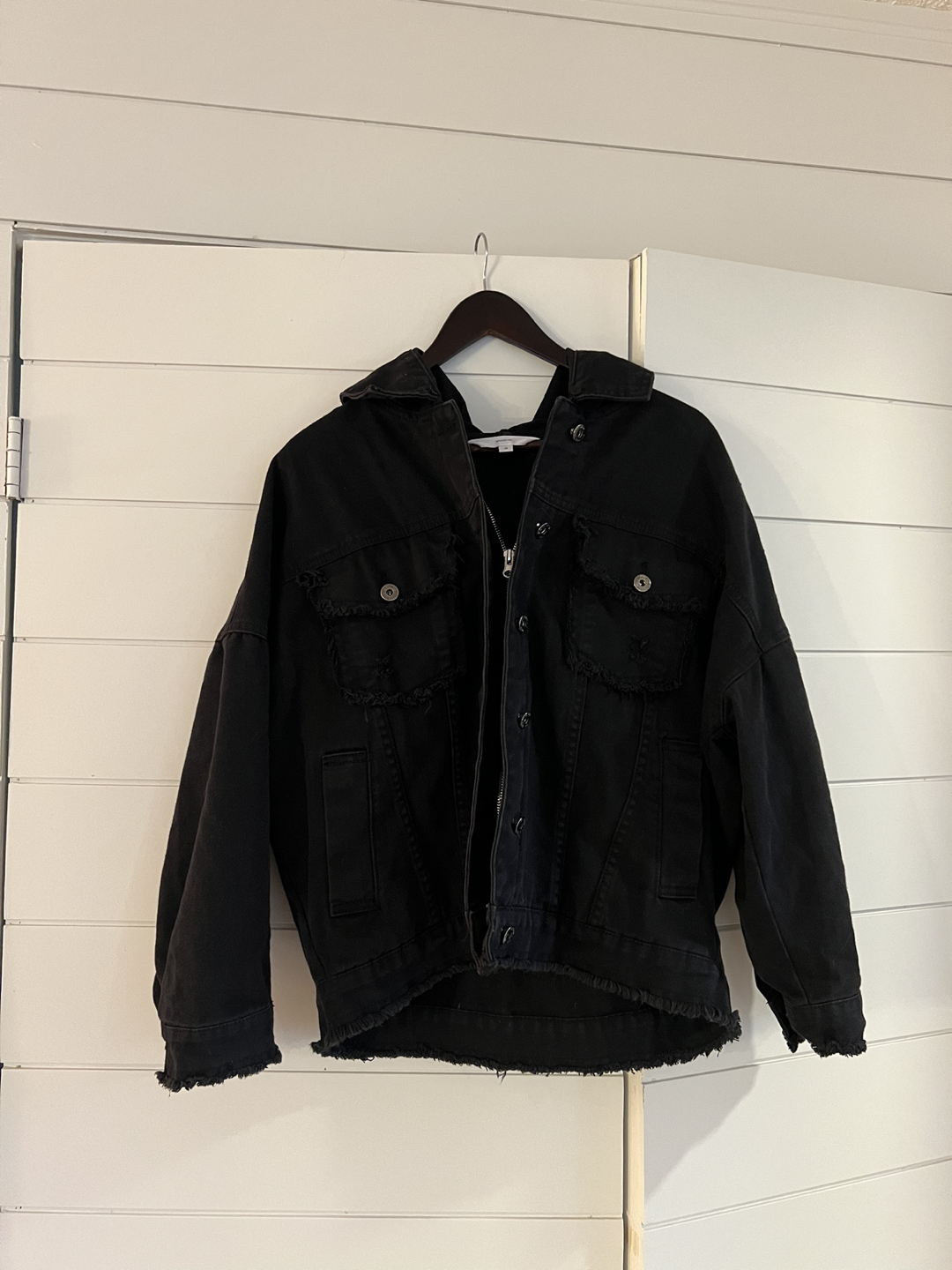 Distressed denim coat with rabbit fur trim. Size M - photo 4