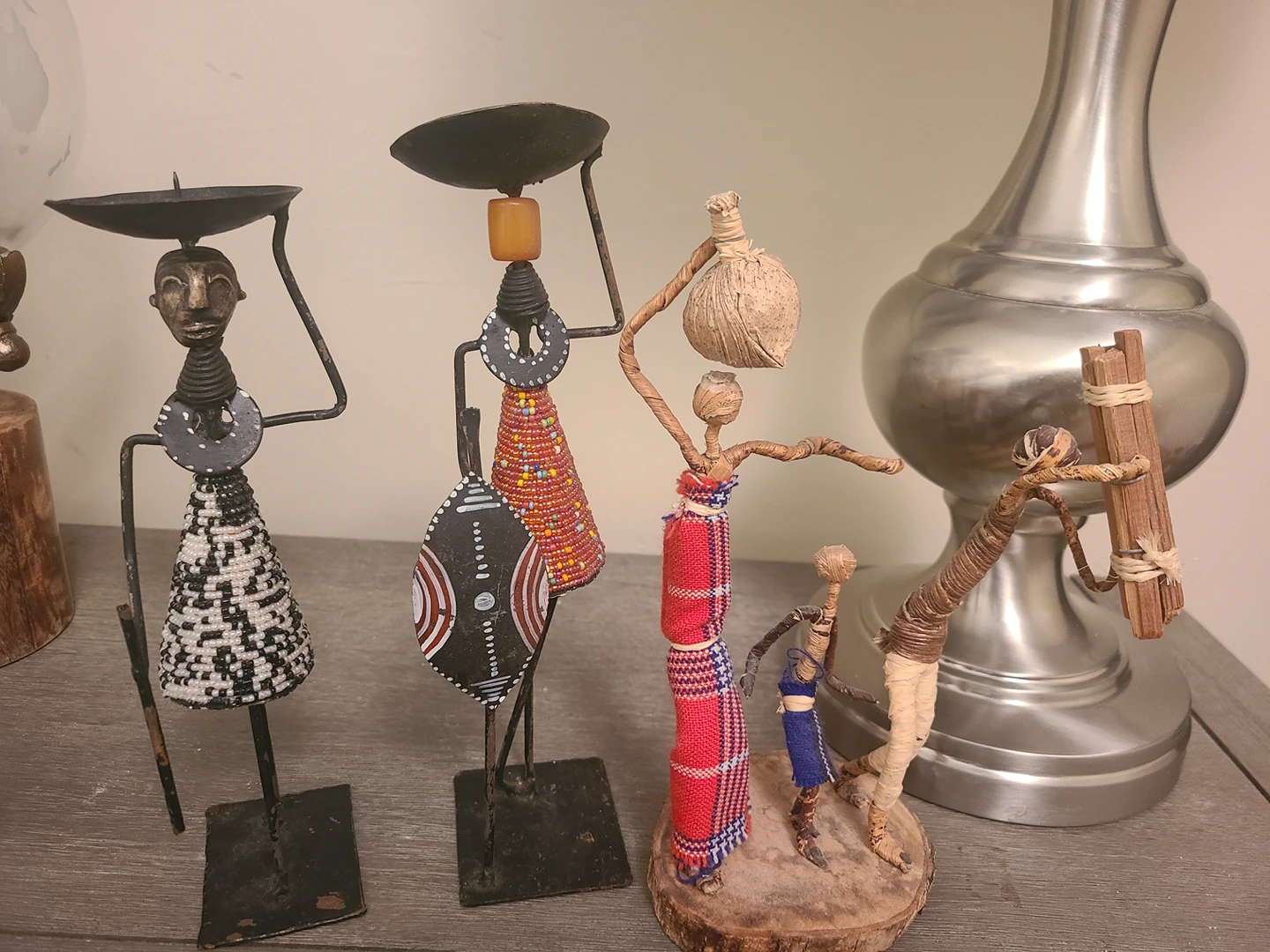 2 beadwork candle holders, 1 village scene