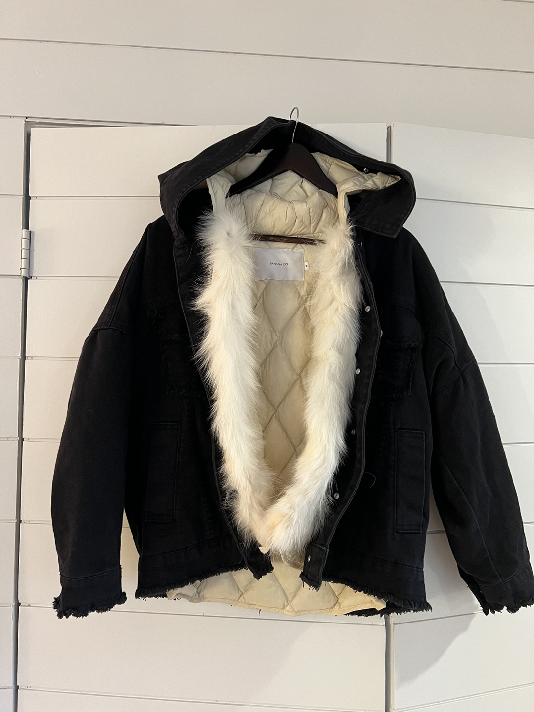 Distressed denim coat with rabbit fur trim. Size M