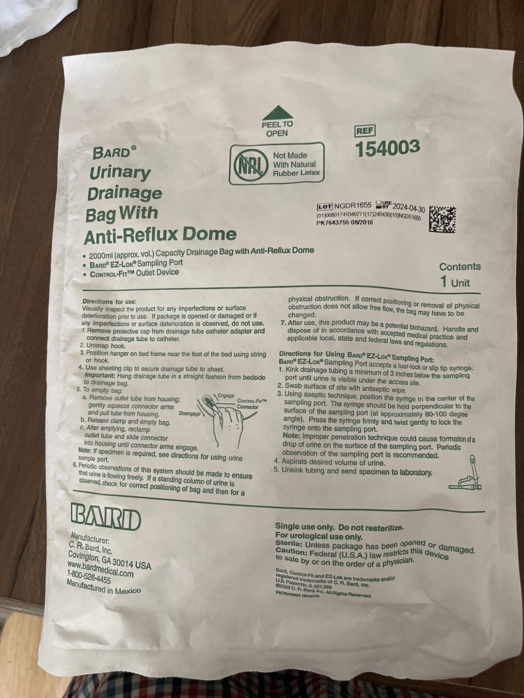 5 Urinary drainage bag’s with anti Reflux Dome