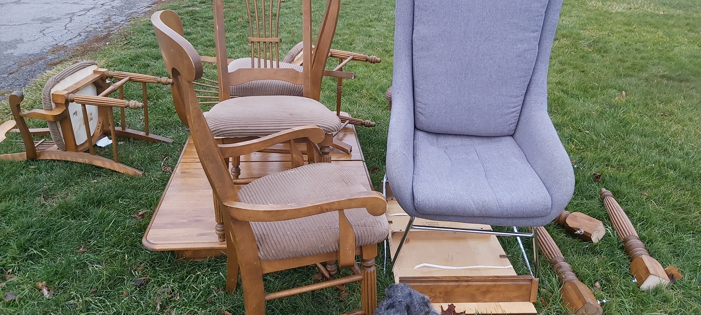 # Freecycle Wooden table 6  chairs & grey seater