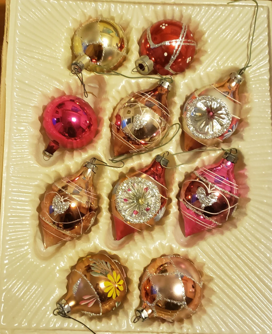 box of vintage christmas ornaments