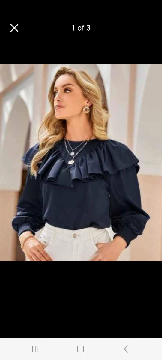 Navy Blue Blouse - Ruffle Trim