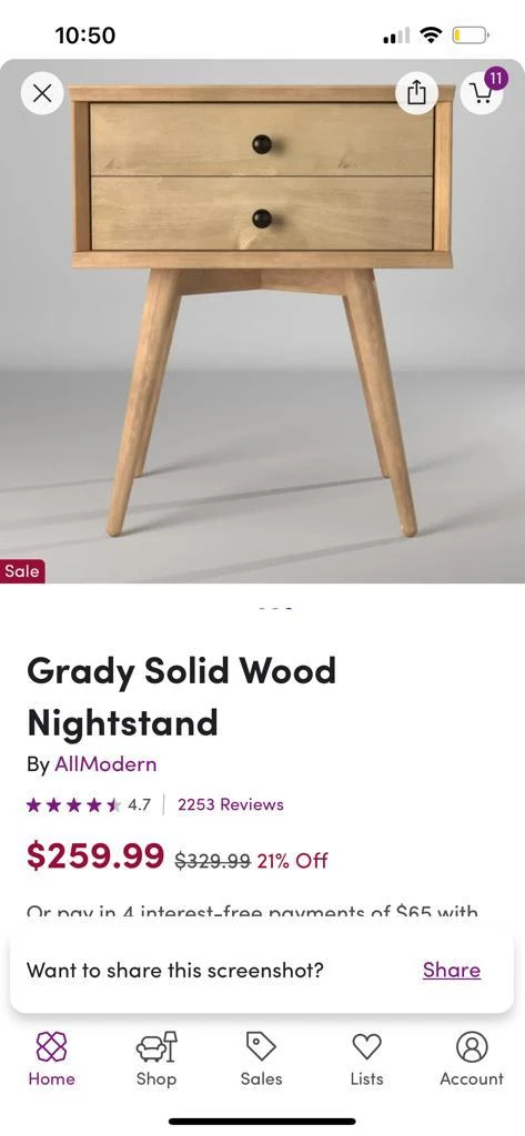 Beautiful MCM solid wood nightstand