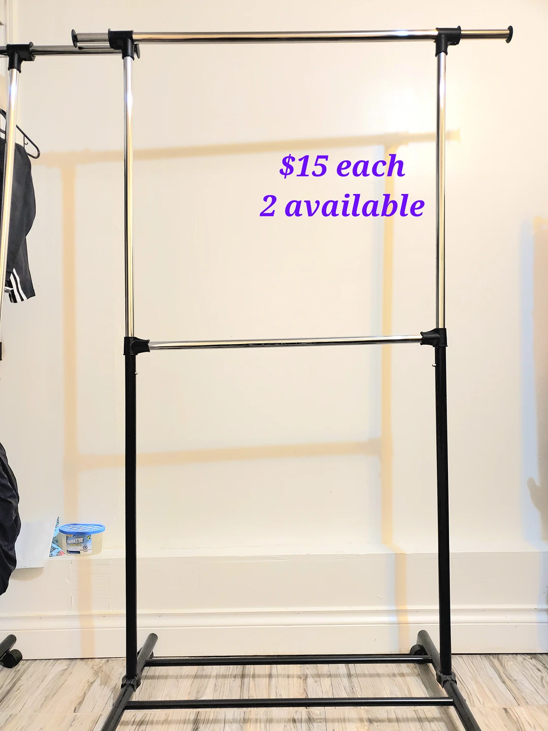 Double rod clothes rack with wheels