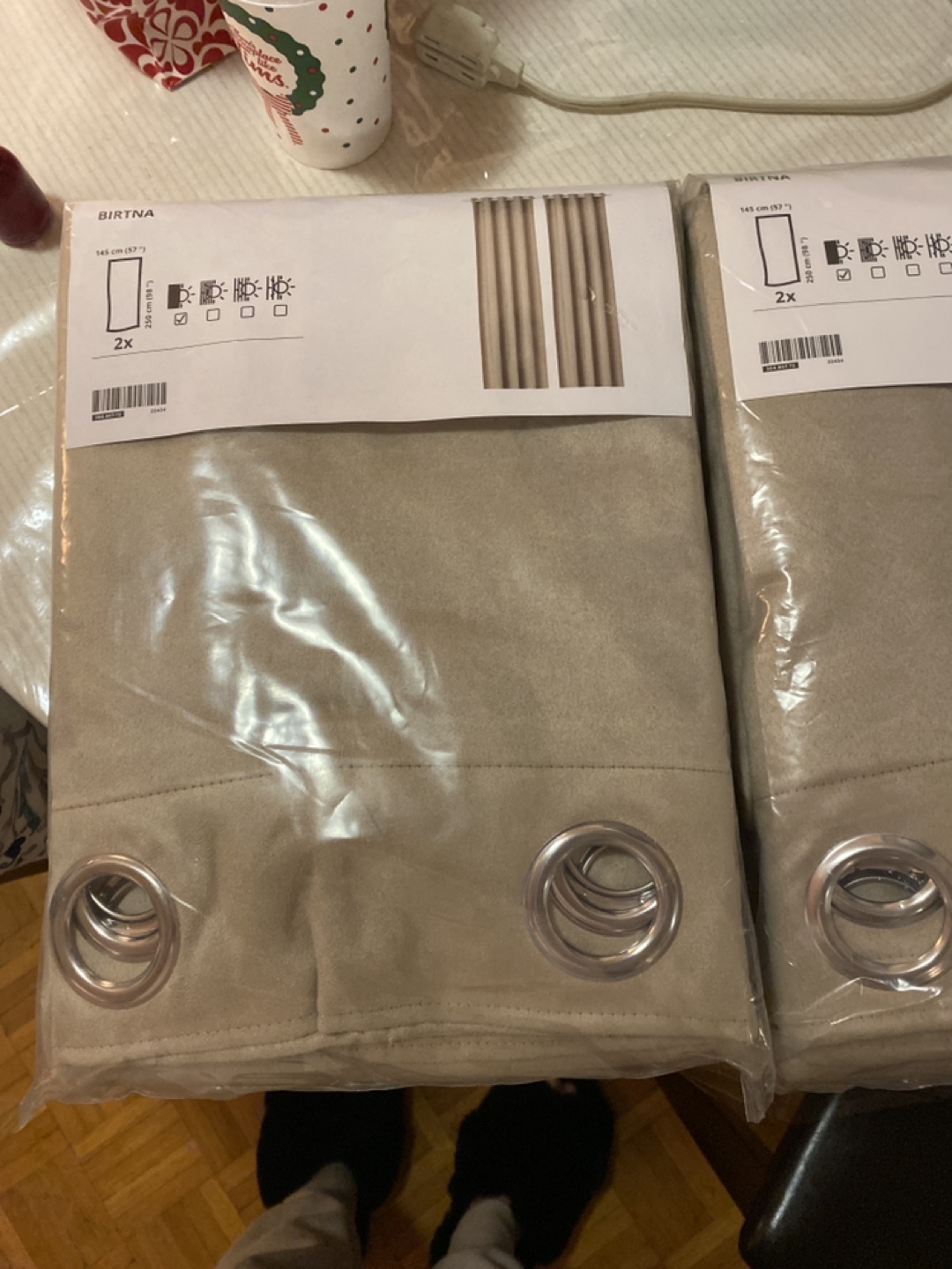 Ikea thick suede like material room darkening curtains.