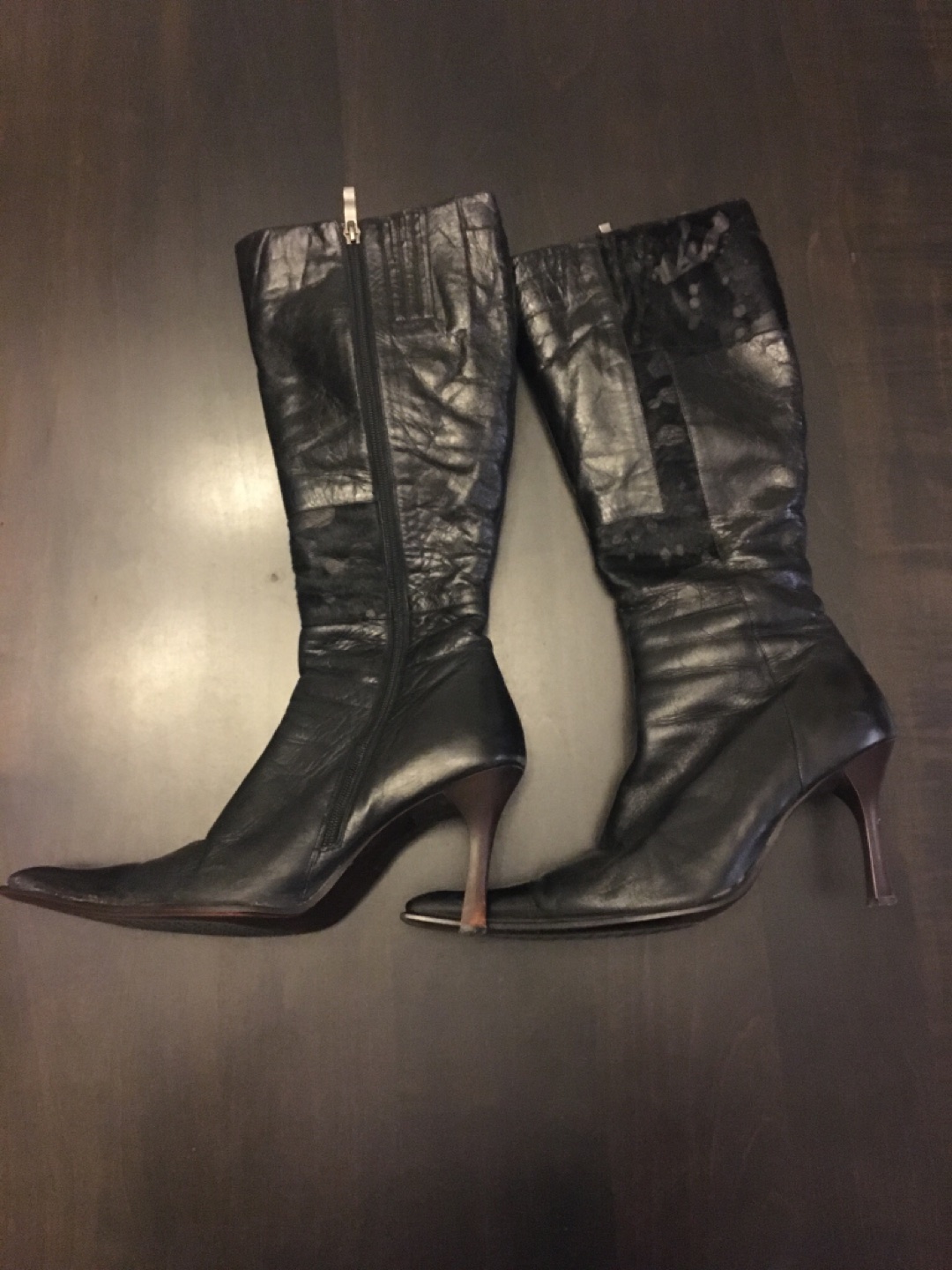 Fur lined black leather boots high heel