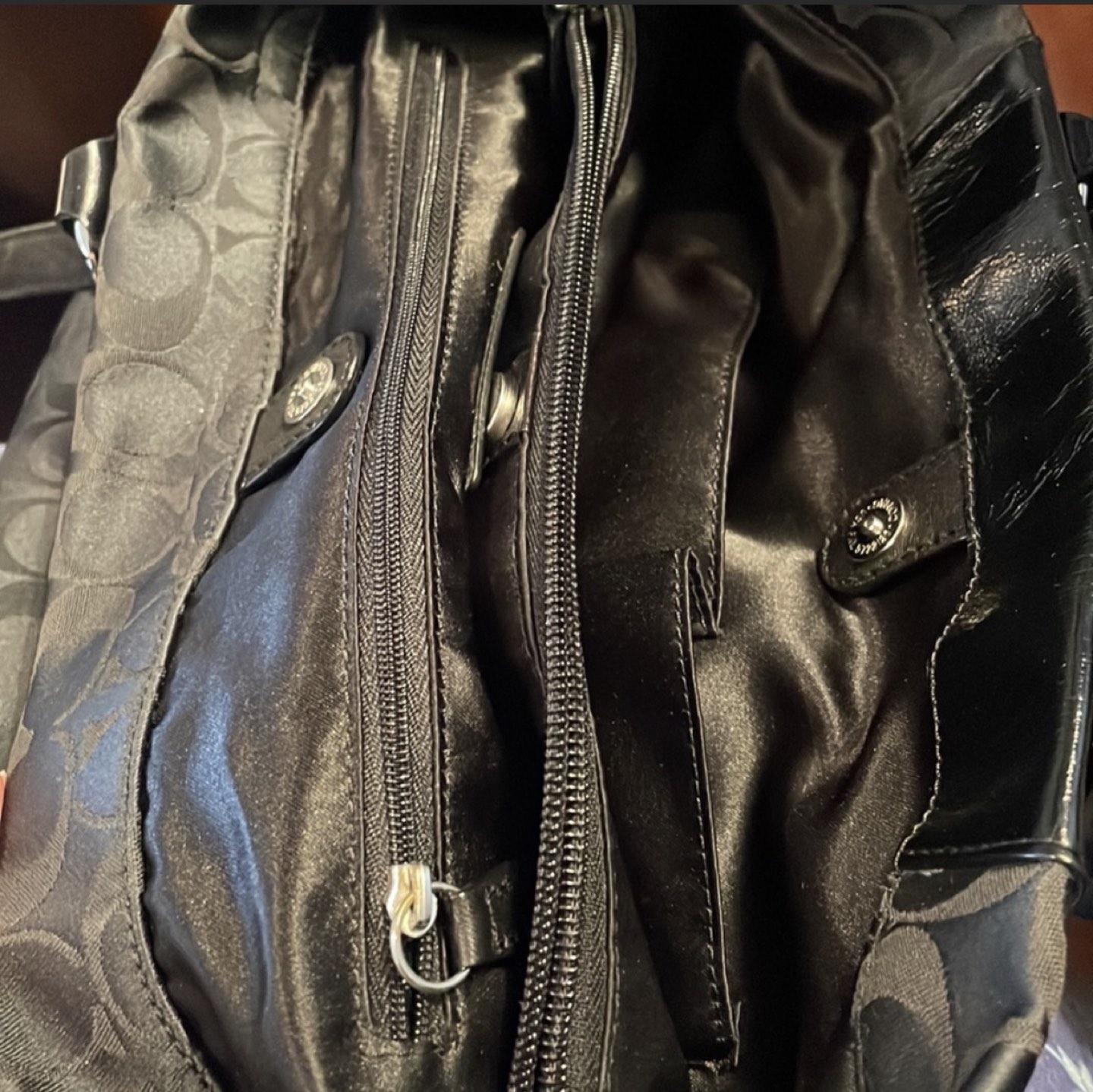 COACH black patent leather/fabric carryall satchel, dual handle. - photo 5