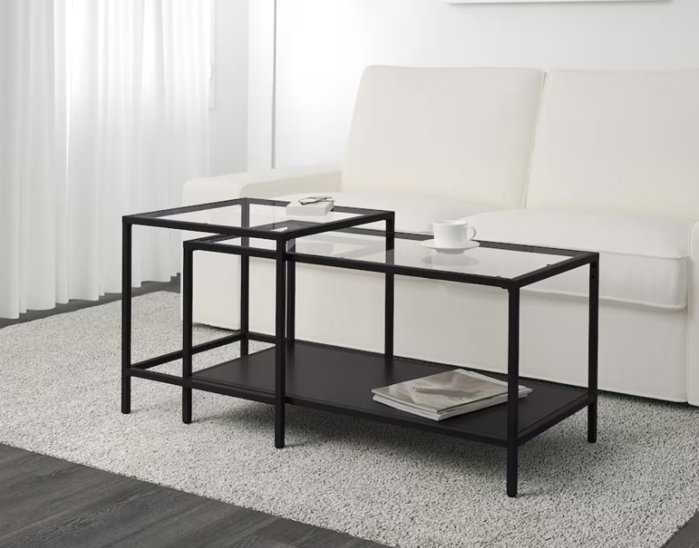 Nesting tables, set of 2, black-brown/glass