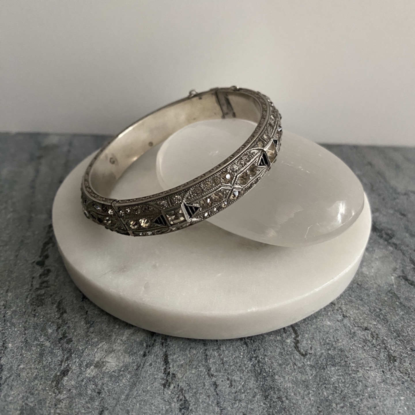 20s or 30s Antique Silver and Rhinestone Art Deco Bangle thumbnail