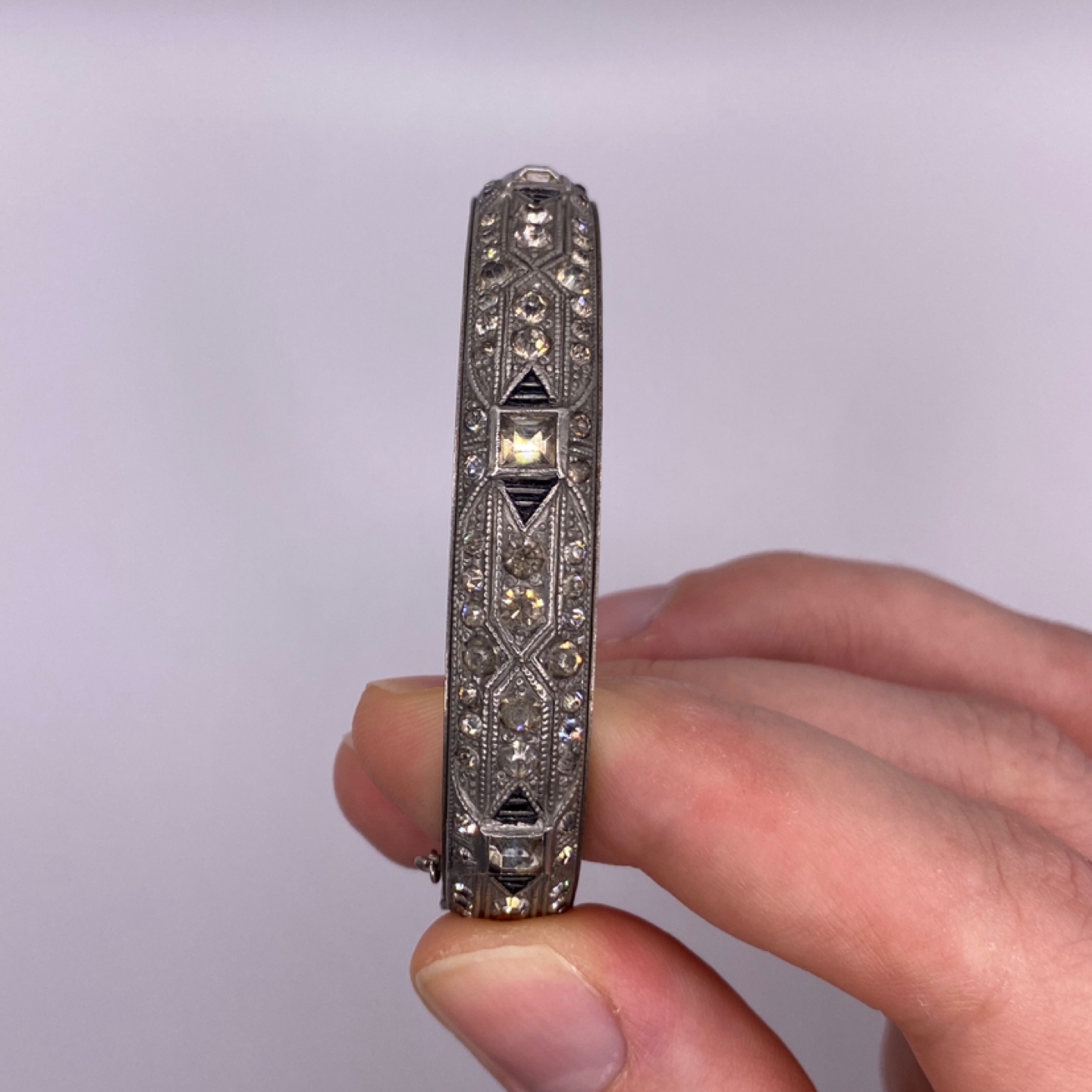 20s or 30s Antique Silver and Rhinestone Art Deco Bangle - photo 4