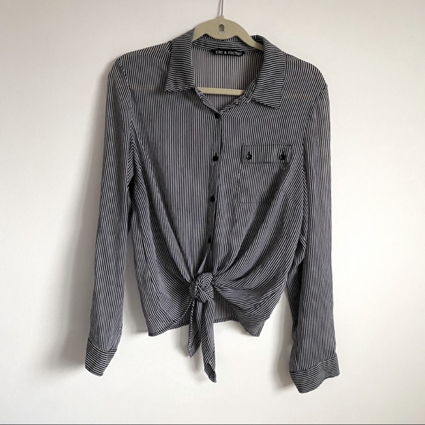 Zac&Rachel sheer black/white blouse tie front button down thumbnail