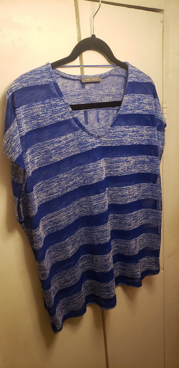 Suzy Shier Size Large Sheer Blue Striped Short Sleeve thumbnail