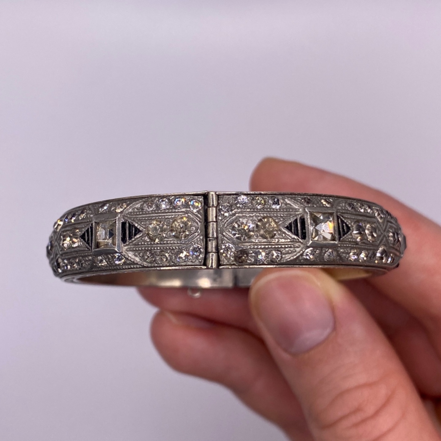 20s or 30s Antique Silver and Rhinestone Art Deco Bangle - photo 5