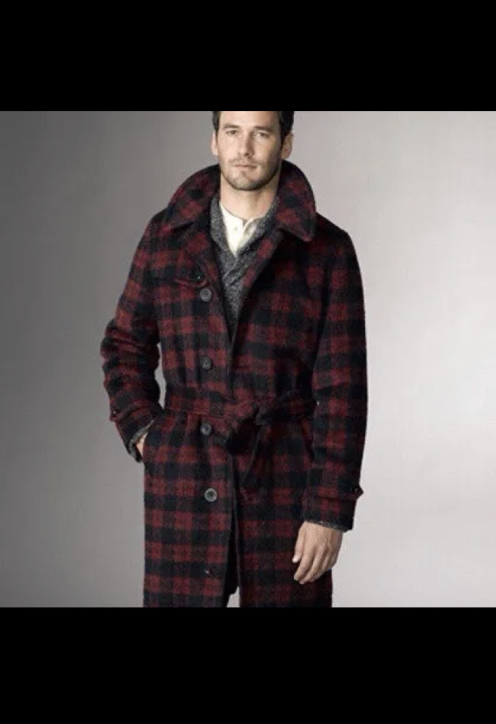 Mens Plaid Wool Trench Coat, Designer, NWT thumbnail