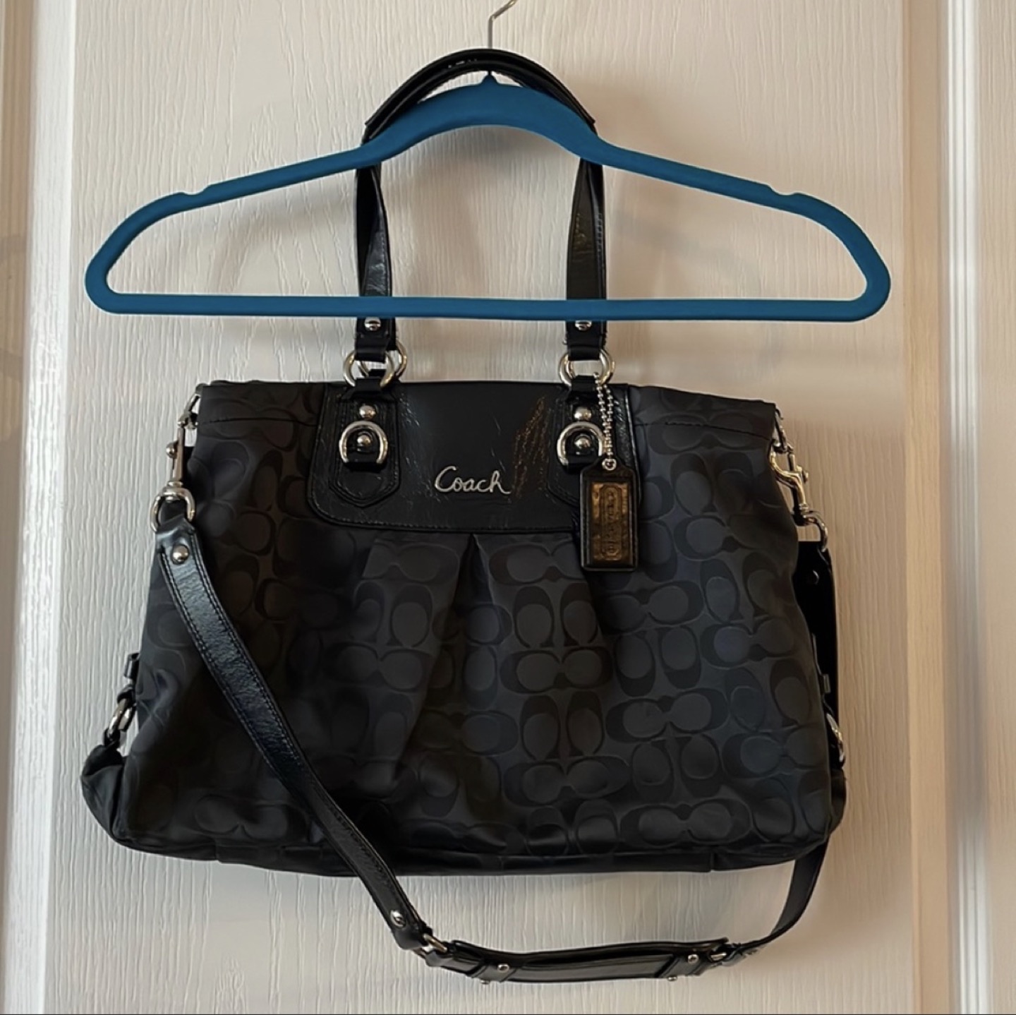 COACH black patent leather/fabric carryall satchel, dual handle.