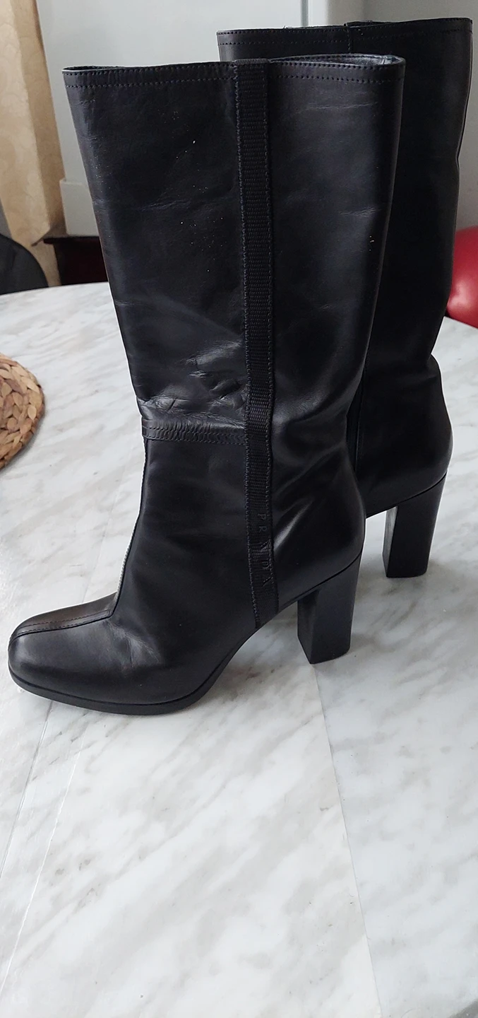 PRADA BLACK LEATHER BELOW THE KNEE HEEL BOOTS