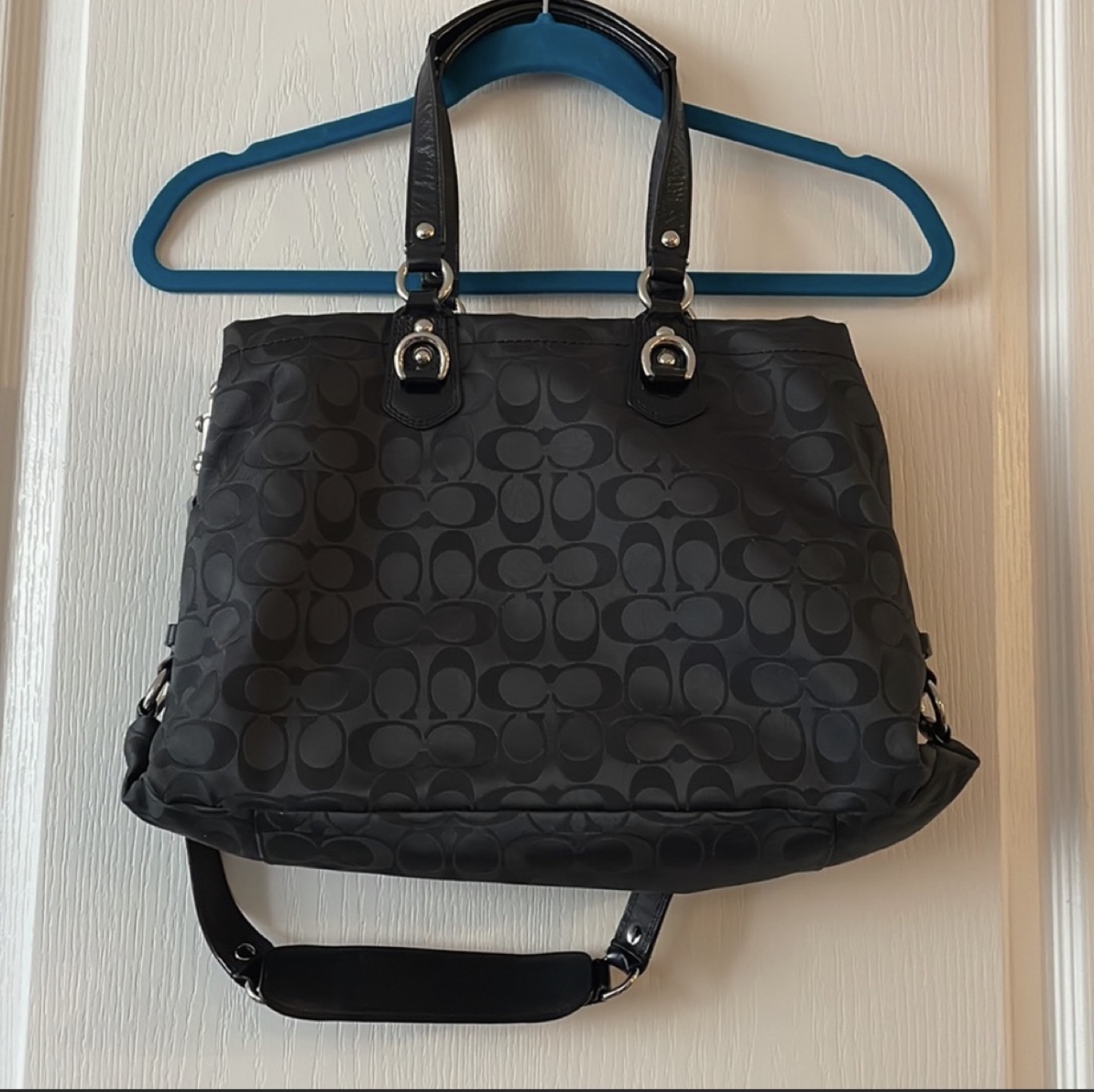 COACH black patent leather/fabric carryall satchel, dual handle. - photo 3