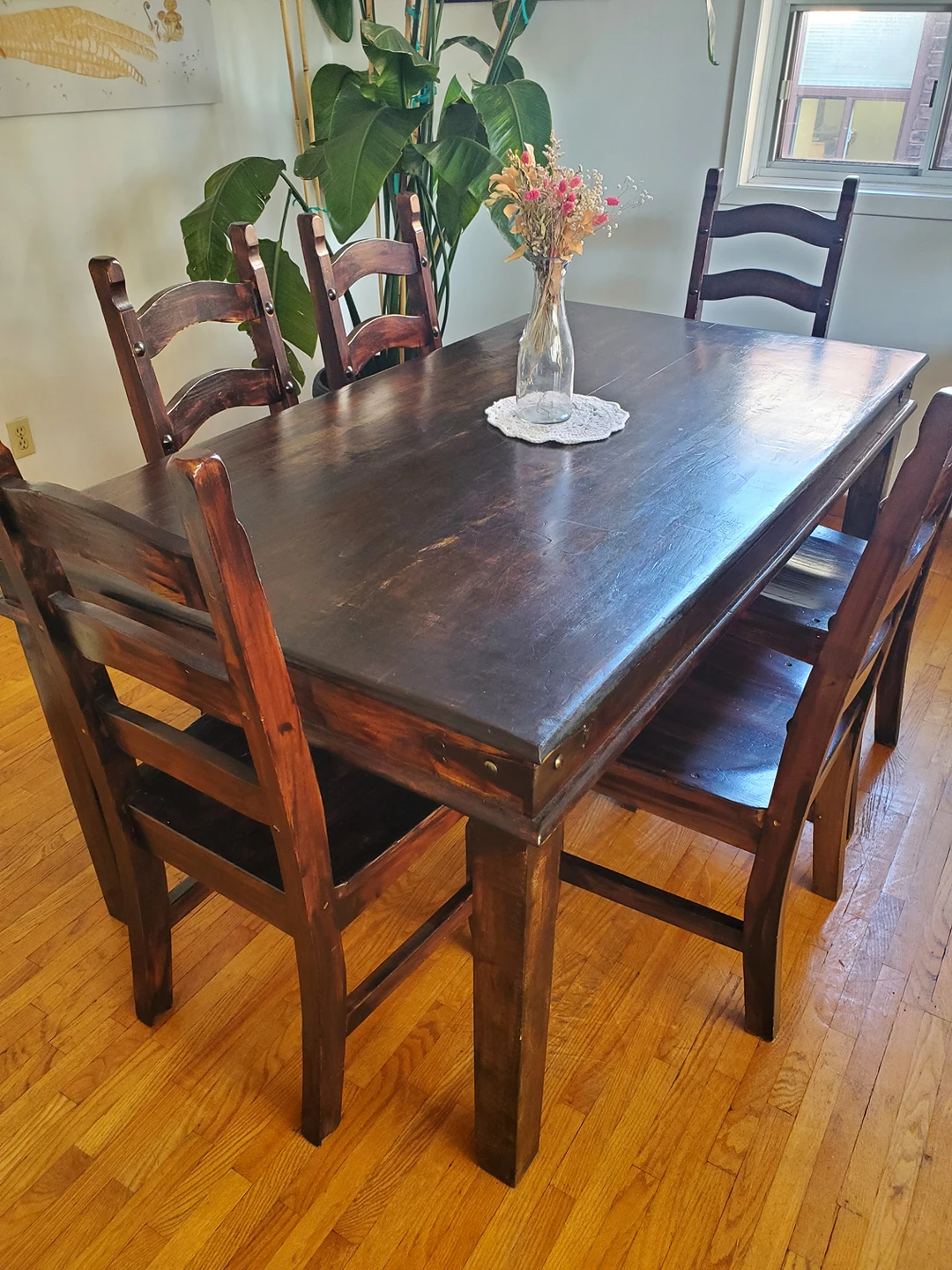 Solid wood dining room table and 8 chairs thumbnail